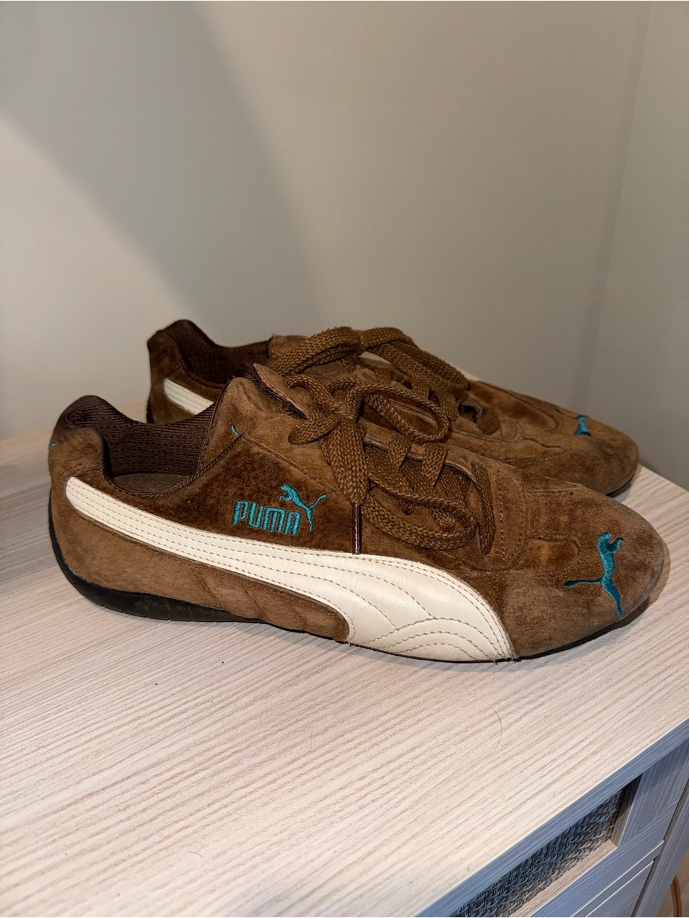 Puma Brown Suede Athletic Shoes with Cream Stripe and Teal Accents